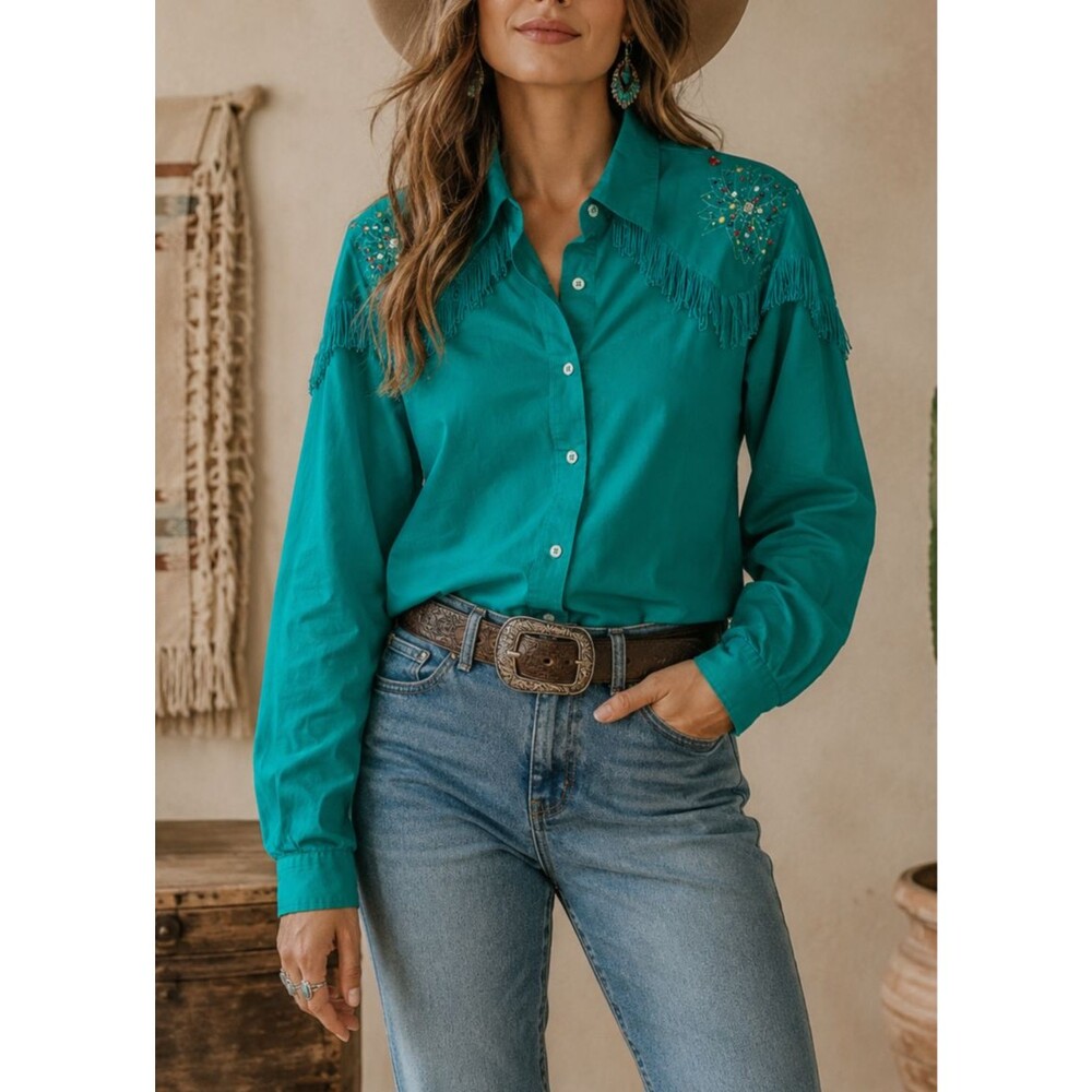 Side Saddle Shirt Womens Medium Green Fringe Beaded Long Sleeve Cowgirl Western*